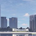 Modern Sales Office Building with Water Reflection Surrounded by High Rise Buildings and Greenery