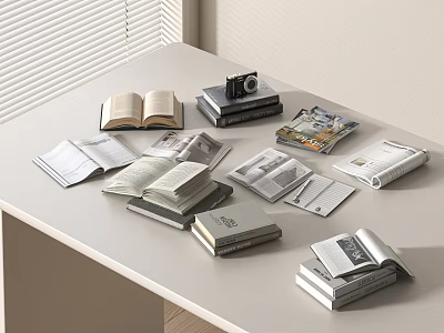 Collection of Open and Stacked Books and Magazines on White Table with Camera 3d model