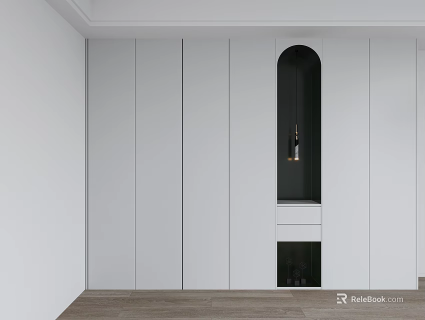 Modern White Built in Bookcase with Arched Design and Pendant Light in Minimalist Room 3d model 