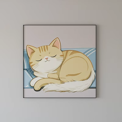 Cozy Animal Painting Of Sleeping Orange And White Cat Curled Up On Blue Background 3d model