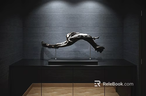 Modern Decorative Ornament Set with Metal Stand on Black Display Cabinet Against Textured Wall 3d model 