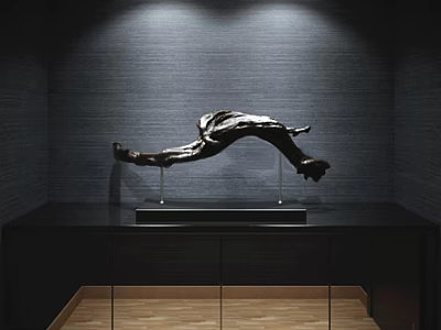 Modern Decorative Ornament Set with Metal Stand on Black Display Cabinet Against Textured Wall 3d model