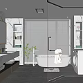 Modern Bathroom Interior With Marble Vanity Freestanding Bathtub Large Mirror And Window Blinds