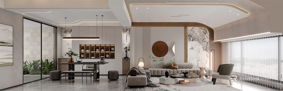 Modern Living Dining Room Interior With Sofa Dining Table And Pendant Lights 3d model