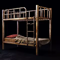 Old Rusted Bunk Beds With Mattresses And Blankets In Dim Room