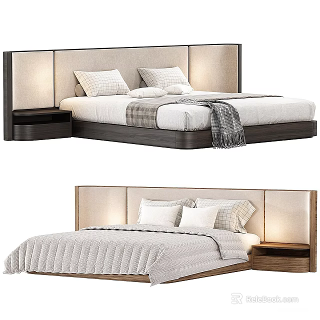 Stylish Modern Double Bed with Upholstered Headboard Bedside Lights and Bedding 3d model 