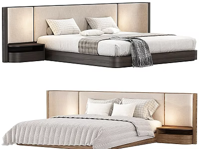 Stylish Modern Double Bed with Upholstered Headboard Bedside Lights and Bedding 3d model