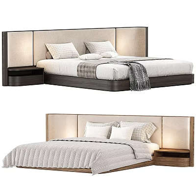 Stylish Modern Double Bed with Upholstered Headboard Bedside Lights and Bedding 3d model