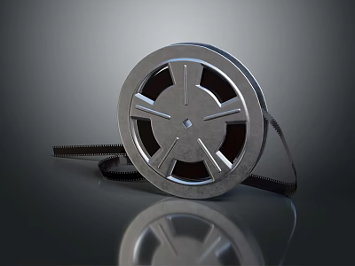 Vintage Style Metallic Film Reel With Black Film Strip On Smooth Reflective Surface 3d model