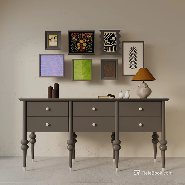 Gray Console Table With Drawers Decorative Frames Lamp And Ornaments On Entryway Wall 3d model