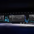 Modern Technology Conference Stage Featuring Large Screens INNOVATION Text World Grid And Digital Graphics