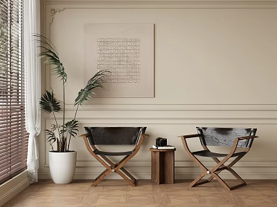 Modern Interior Black Leather Lounge Chairs With Wooden X Frame Side Table And Potted Plant 3d model