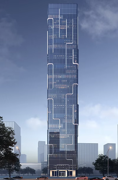 Modern High Rise Office Building With Glass Curtain Wall Exterior Design 3d model
