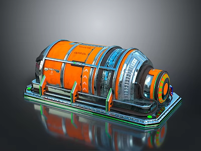 Orange And Silver Cylindrical Industrial Equipment With Green Support Frame On Metallic Platform Shiny Surface 3d model