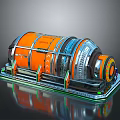 Orange And Silver Cylindrical Industrial Equipment With Green Support Frame On Metallic Platform Shiny Surface