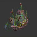 Historical Sailing Ship With Red Cross Flags And Spanish Flags On Wooden Hull