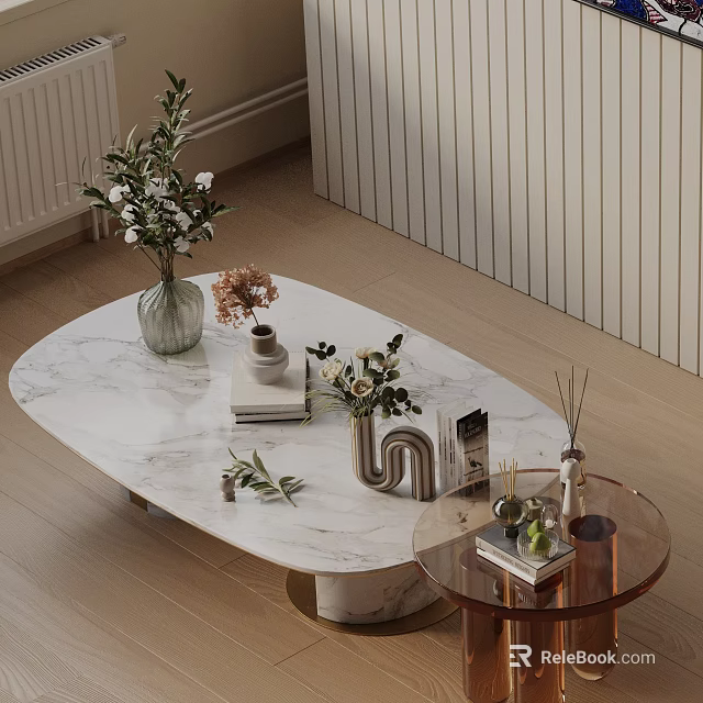 Elegant Modern Sofa Coffee Table Set With Marble Oval And Glass Round Decorative Vases Books 3d model 