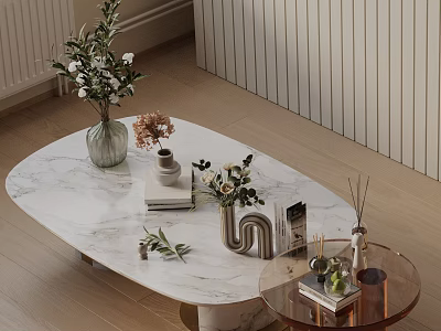 Elegant Modern Sofa Coffee Table Set With Marble Oval And Glass Round Decorative Vases Books 3d model