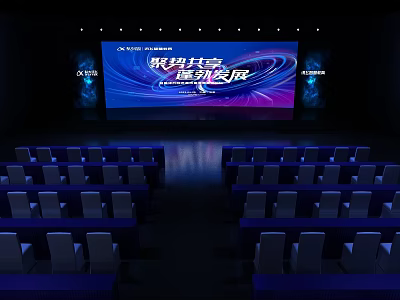Modern Conference Venue Stage Setup With Large Screen And Blue Seats 3d model