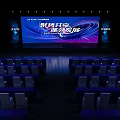 Modern Conference Venue Stage Setup With Large Screen And Blue Seats