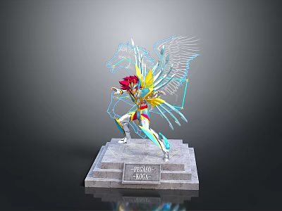 Detailed Colorful Winged Figure Statue Featuring Pegasus Magic Inscription on Base 3d model