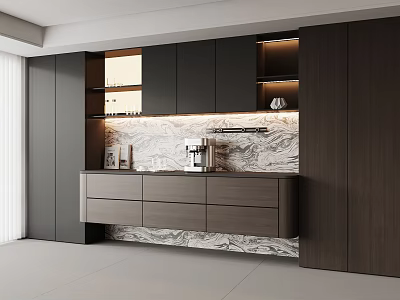 Modern Luxury Sideboard Cabinet With Marble Backsplash And Built In Ambient Lighting For Kitchen Storage 3d model