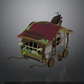 Colorful Cartoon Style Mobile Cart With Red Roof Windows Green Plants And Wheels
