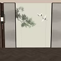 Chinese Style Background Wall with Pine Branches White Cranes Light Gray Frames and Hanging Lanterns 3d model