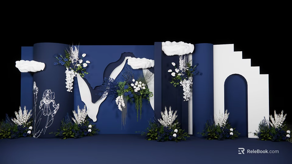 Elegant Wedding Stage Setup With Dark Blue Background White Cloud Decor And Floral Arrangements 3d model