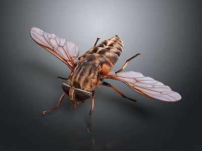 Detailed View Of House Fly With Transparent Wings And Striped Body On Dark Background 3d model