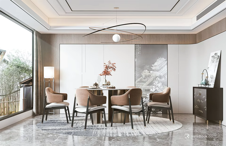 Modern Dining Room Interior With Round Table Chairs Pendant Light And Rug 3d model