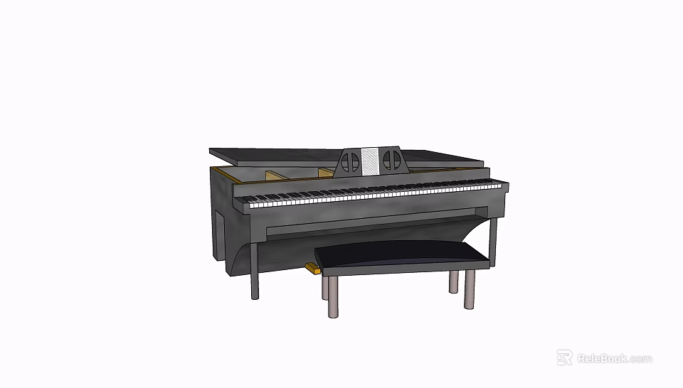 Black Grand Piano Musical Instrument with Bench Open Lid and Keys 3d model 