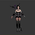Female Fantasy Character In Black Detailed Costume With Winged Accessories And Purple Gem