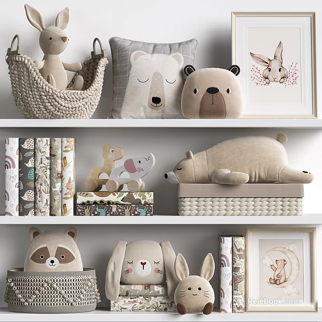 Cute Stuffed Animal Dolls Display With Woven Basket Decorative Pillows And Shelf Decor 3d model 