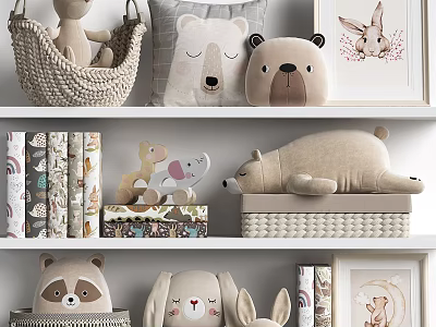 Cute Stuffed Animal Dolls Display With Woven Basket Decorative Pillows And Shelf Decor 3d model
