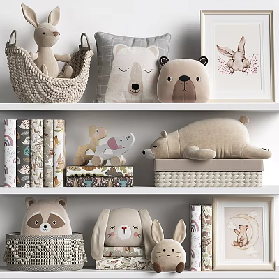 Cute Stuffed Animal Dolls Display With Woven Basket Decorative Pillows And Shelf Decor 3d model