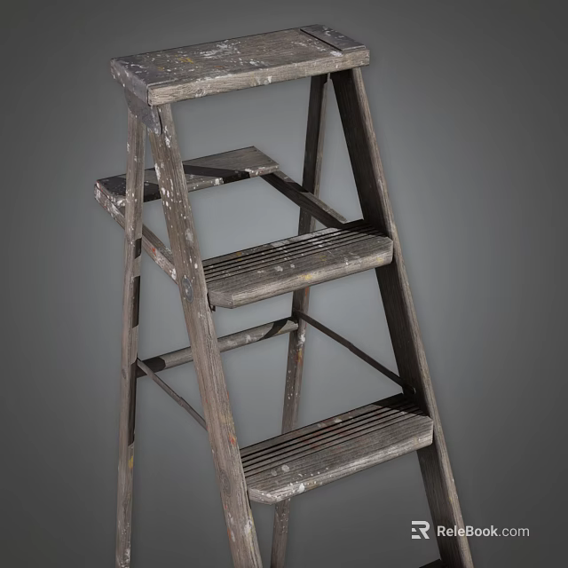Vintage Wooden Ladder With Worn Paint And Sturdy Steps For Decor 3d model 