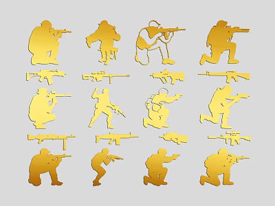 Multiple People Golden Silhouettes Showing Various Gun Holding Poses And Actions 3d model
