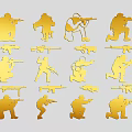 Multiple People Golden Silhouettes Showing Various Gun Holding Poses And Actions