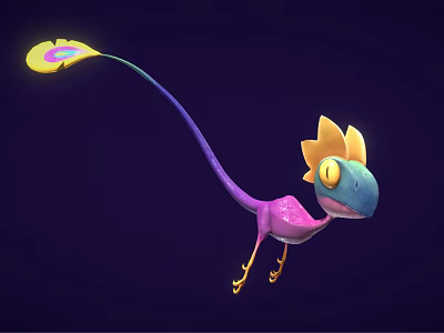 Colorful Fantasy Lizard Creature with Long Tail Flower Shaped Head and Vibrant Purple Blue Body 3d model