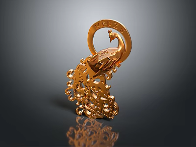Elegant Detailed Golden Peacock Sculpture with Gray Background and Clear Reflection 3d model