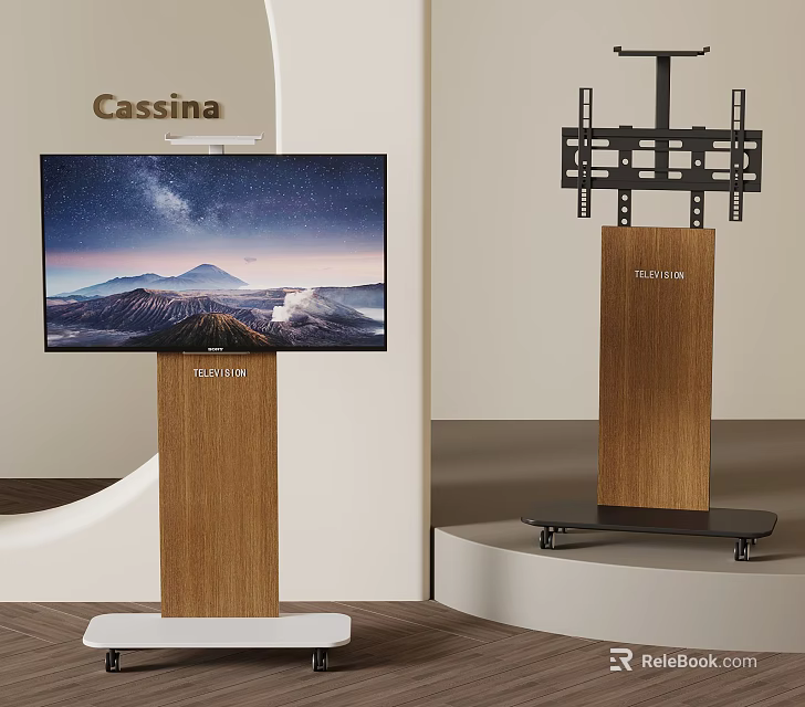 Stylish Modern TV with Wooden Mobile Stand Displaying Starry Sky Mountain View 3d model 