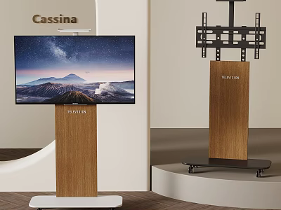 Stylish Modern TV with Wooden Mobile Stand Displaying Starry Sky Mountain View 3d model