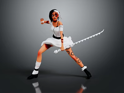 Female Character In White Dress With Serrated Sword And Tattoo In Dynamic Pose 3d model