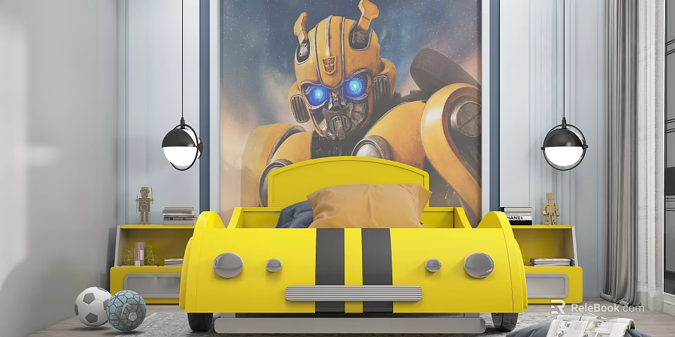 Children's Car Shaped Yellow Bed With Bumblebee Mural And Hanging Lights For Kids Bedroom Decor 3d model 