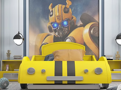 Children's Car Shaped Yellow Bed With Bumblebee Mural And Hanging Lights For Kids Bedroom Decor 3d model