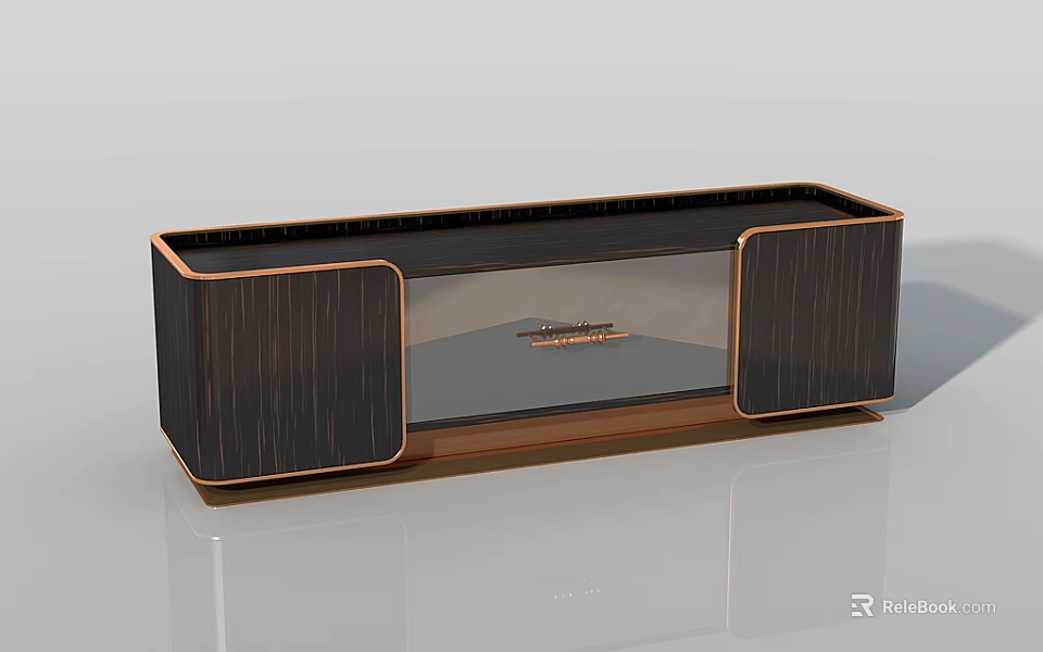 Modern TV Stand With Wood Grain Panels And Copper Metal Frame Glass Front 3d model 