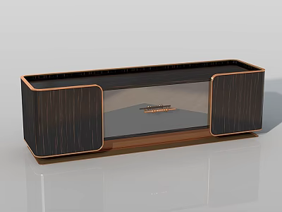 Modern TV Stand With Wood Grain Panels And Copper Metal Frame Glass Front 3d model