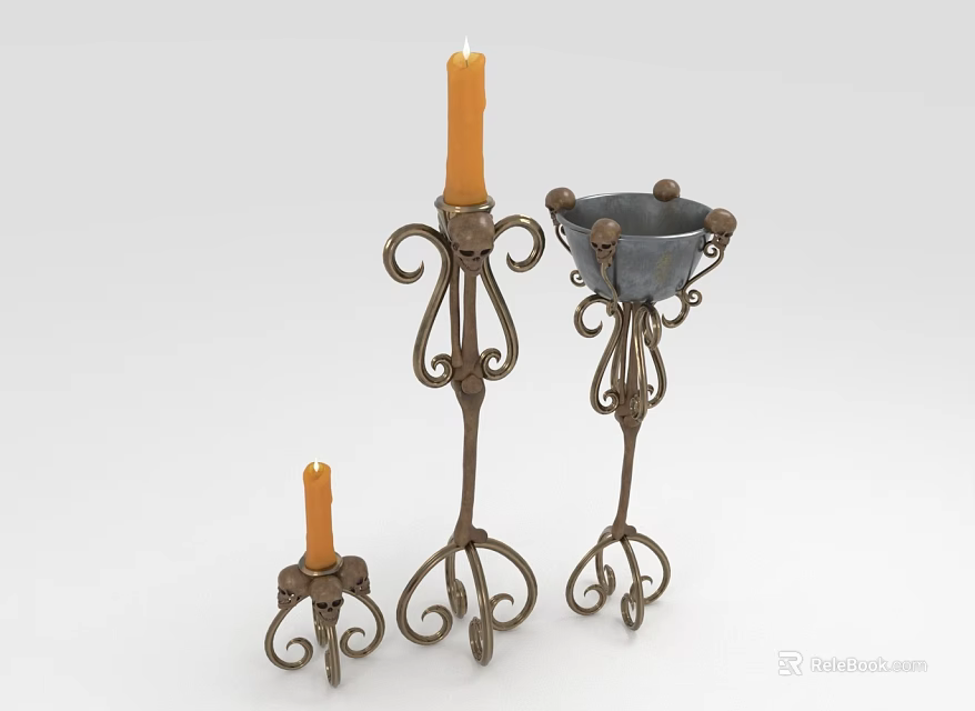Three Vintage Metal Candle Lamps With Ornate Scrollwork And Lit Candles 3d model 