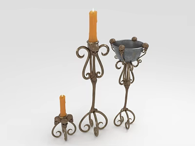 Three Vintage Metal Candle Lamps With Ornate Scrollwork And Lit Candles 3d model